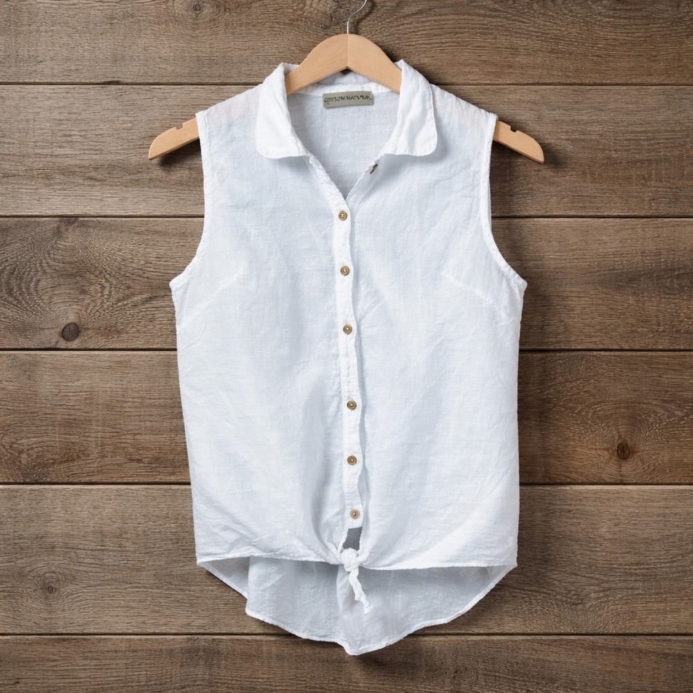 Cotton Natural Sleeveless Blouse Womens XXL White Tie Front Gauze Coastal Boho